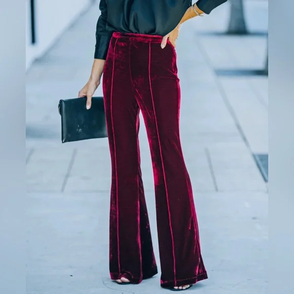 NWT Burgundy Amani High Rise Velvet Flare Pants |Size Large - Picture 2 of 5